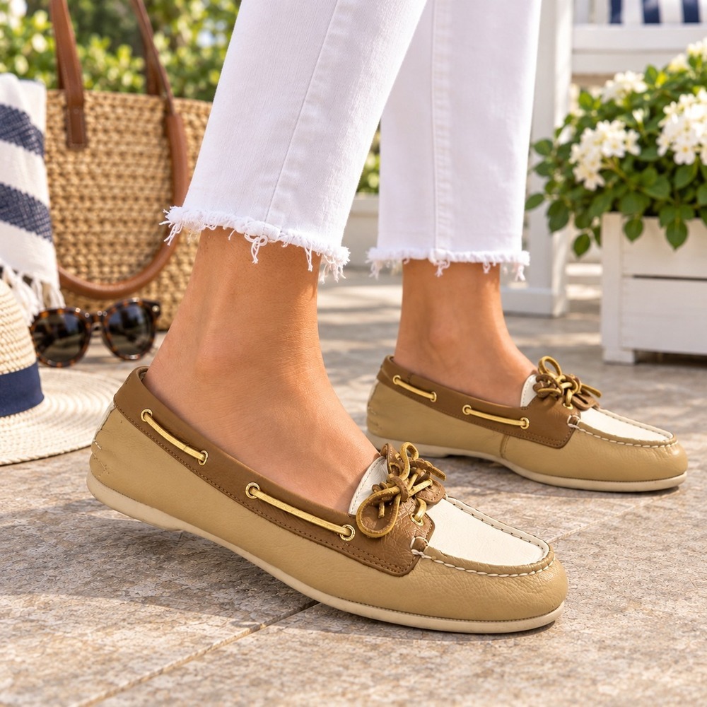 Sperry Top-Sider Boat Shoes Women's 10M Tan Cream Leather Plaid Lining